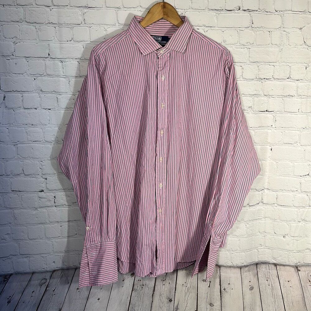 Polo Ralph Lauren Shirt Mens 17.5 35 Pink Striped Estate Two Ply Long Sleeve